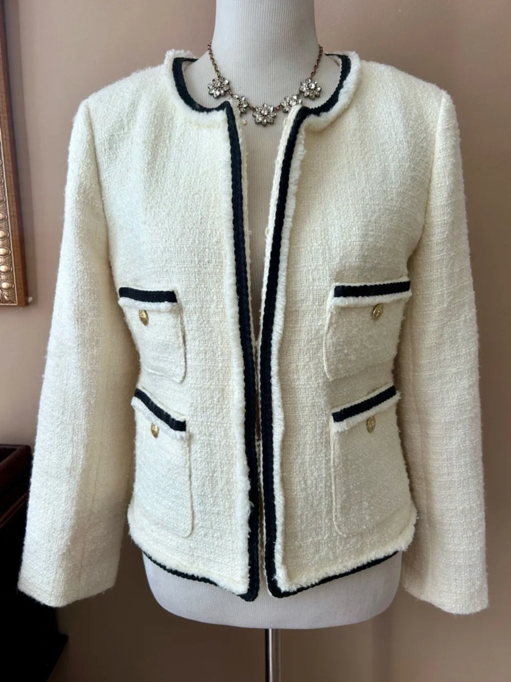 J. Crew Frances Lady Jacket in Maritime Tweed White Black Size 12 BT548